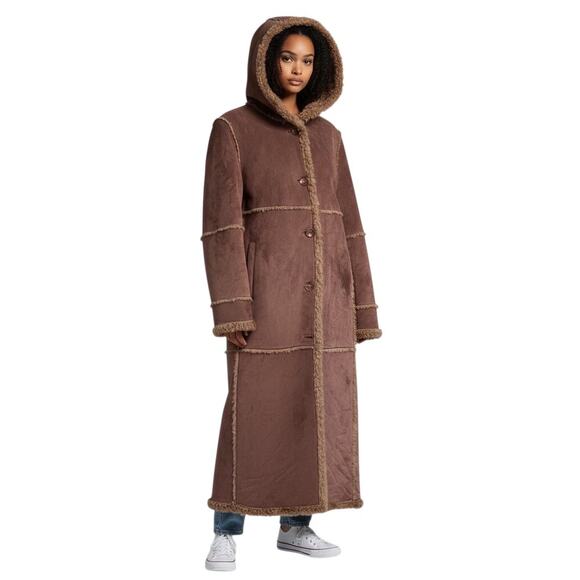 Vintage Y2K Gallery Tan Suede Sherpa Penny Lane Trench Coat-size Small - Picture 2 of 15